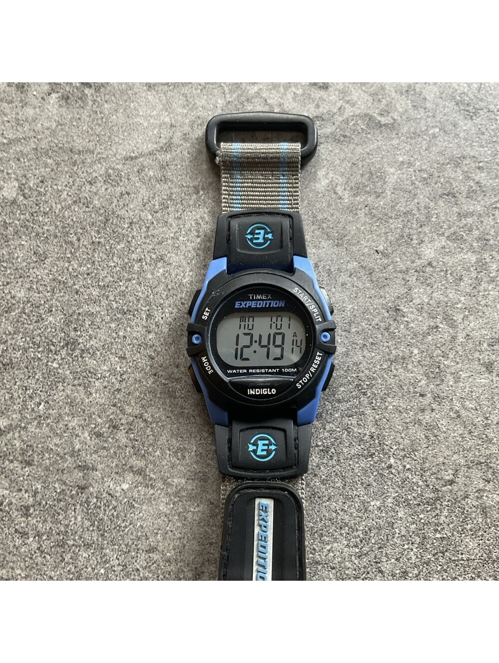 Timex Expedition Watch Women T49660 Indiglo 34mm Blue & Gray Nylon Strap A9